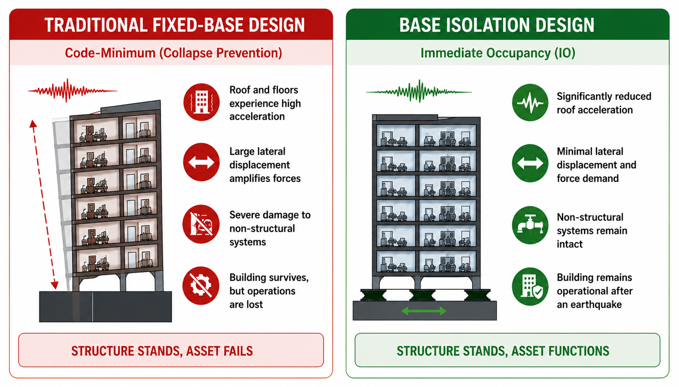 Fig 1: Traditional fixed base design vs base isolation
